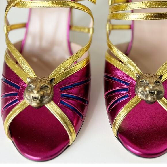 Gucci Tiger Head Metallic Pink Gold Leather Strappy Heels 8.5 NWB Made in Italy - Picture 5 of 16